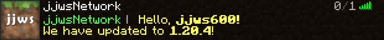 Screenshot of Minecraft server selection screen, showing the jjwsNetwork MOTD
